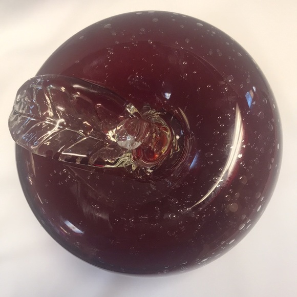 Large Hand Blown Red Glass Apple with Applied Clear Glass Stem & Leaf - Picture 3 of 5